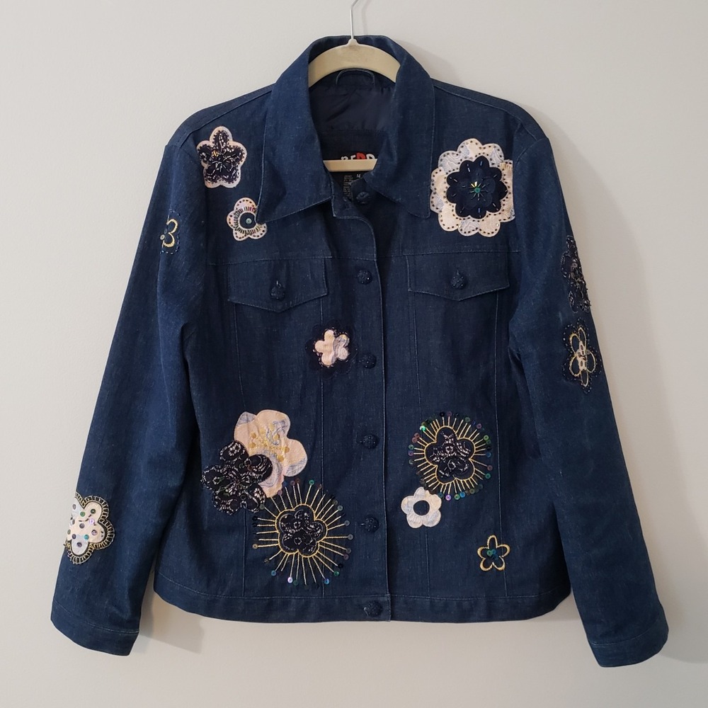 Vintage REDD Jeans Womens Floral Embroidered Denim Jacket Size 14 Boho Beads